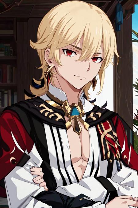 06976-1505476008-kaveh (genshin impact), 1boy, male focus, solo, blonde hair, looking at viewer, book, hair ornament, jewelry, long hair, holding.png